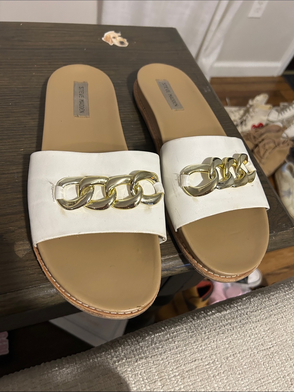 Steve Madden White Slide Sandals with Gold Chain Detail